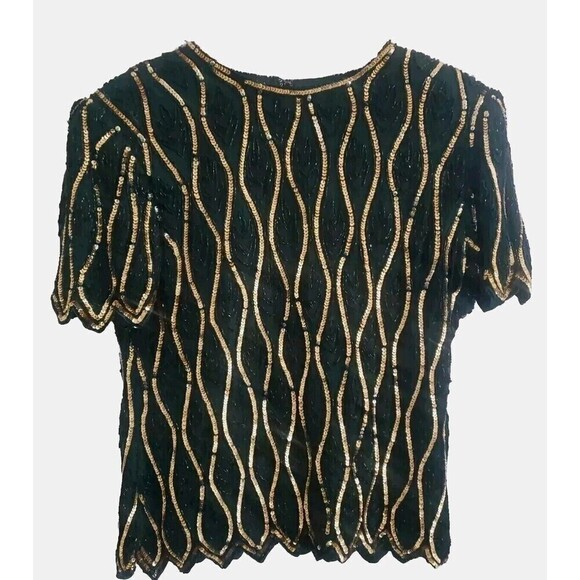 Stenay Tops - Vintage Stenay Blouse Women's Medium Green Gold Bead Sequin Silk Lined NWT
